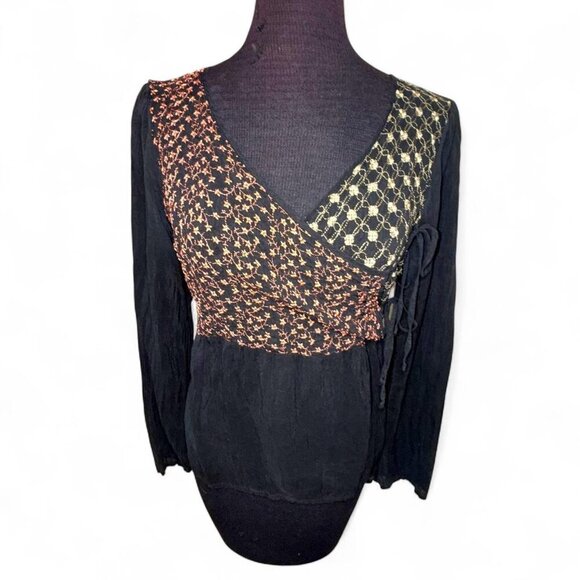 Johnny Was Vintage Boho Side Tie Blouse Orange Blue Yellow Floral Embroidery - Picture 2 of 8